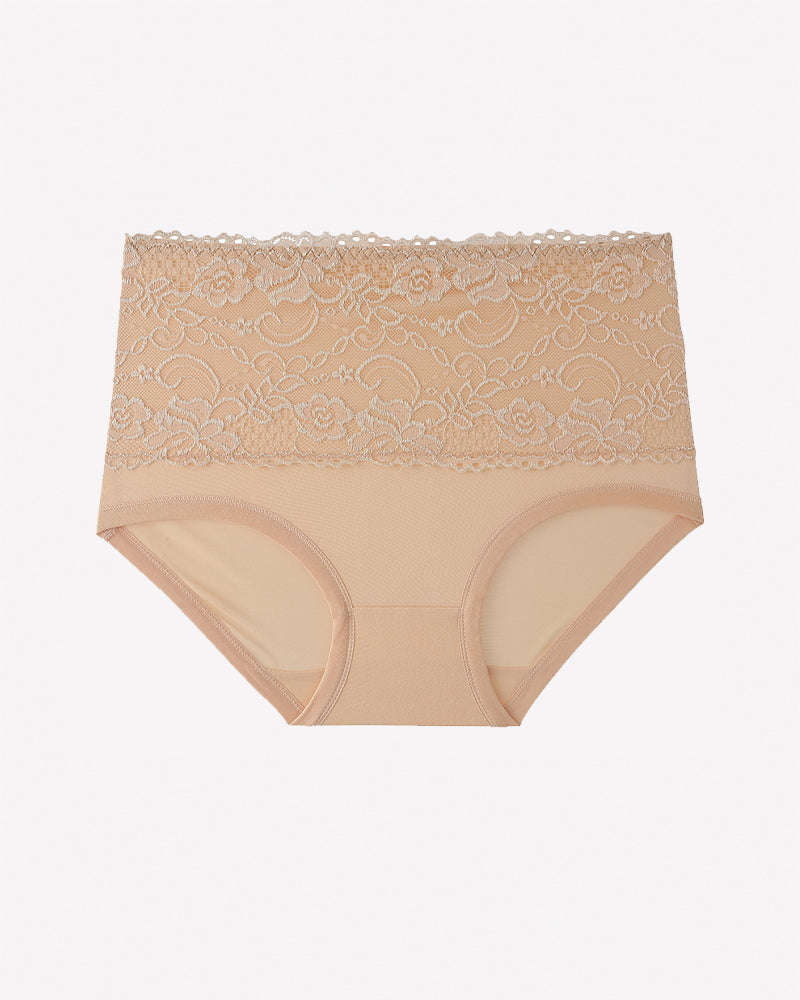 High-waisted nude beige floral lace full-coverage briefs with lace waistband