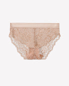 Apricot high-rise lace panties with floral sheer pattern and striped waistband