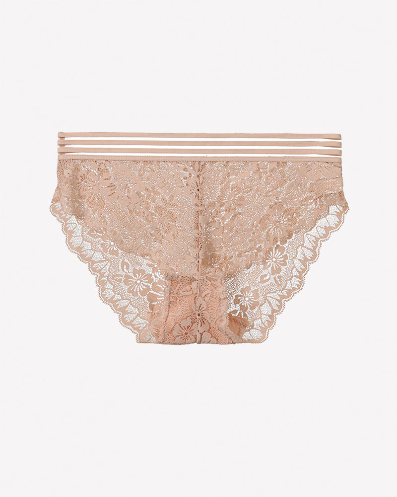 Apricot high-rise lace panties with floral sheer pattern and striped waistband