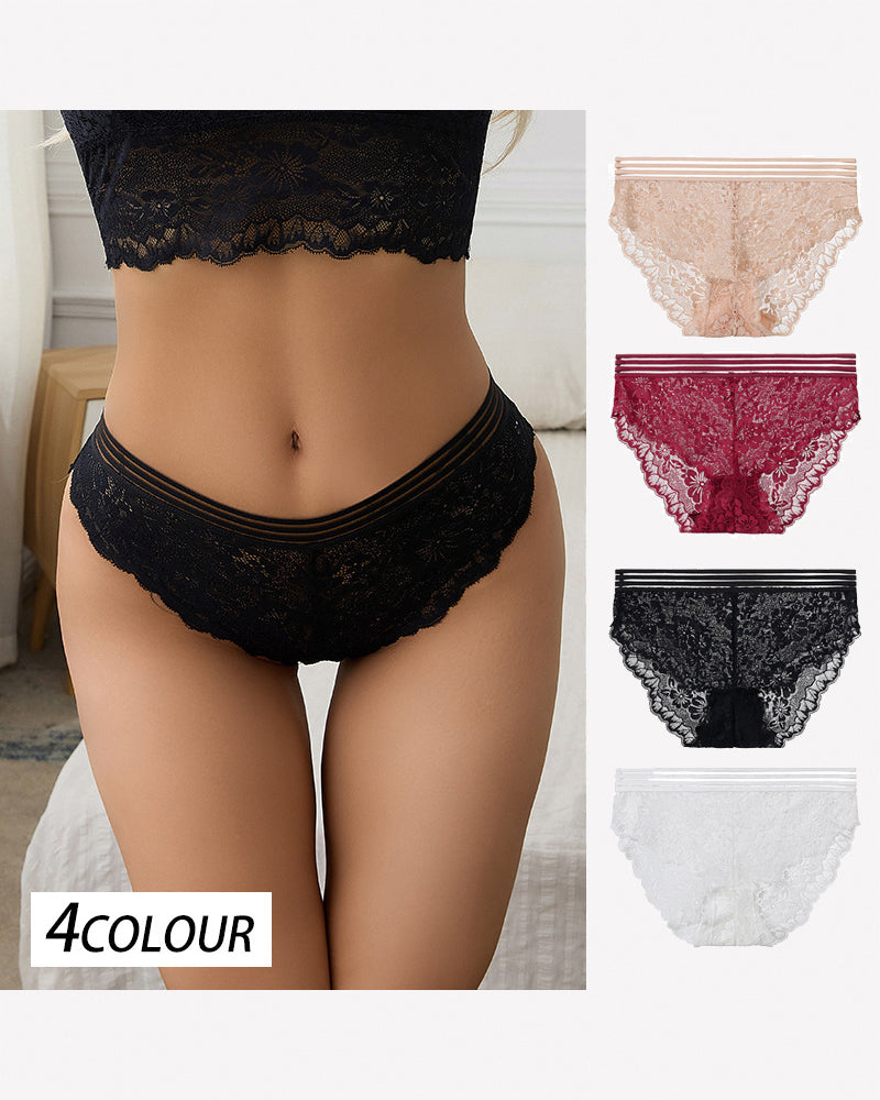 Set of 4 lace high-rise briefs in black, apricot, red, and white with striped waistbands
