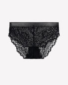 Black high-rise lace panties with floral sheer texture and striped waistband