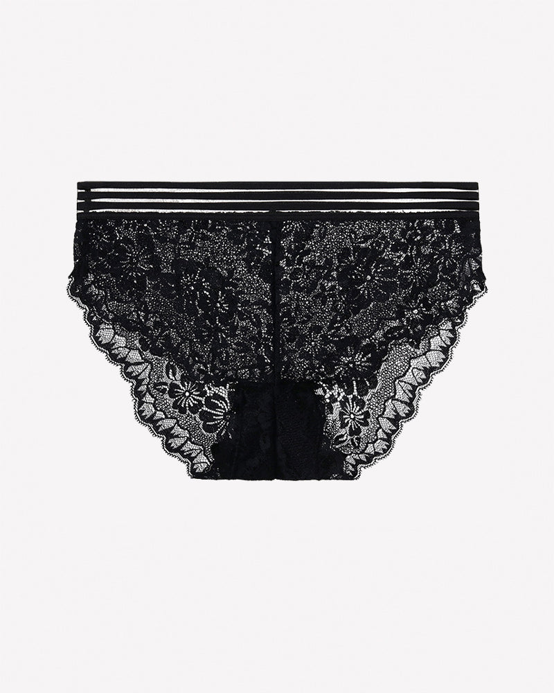 Black high-rise lace panties with floral sheer texture and striped waistband