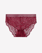 Red high-rise lace panties with floral sheer pattern and striped waistband