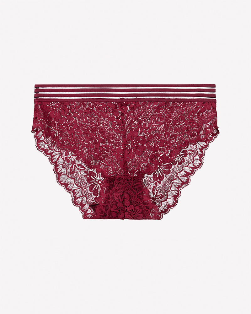 Red high-rise lace panties with floral sheer pattern and striped waistband