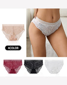 4-color set of high-rise lace panties in apricot, black, red, and white with striped waistbands