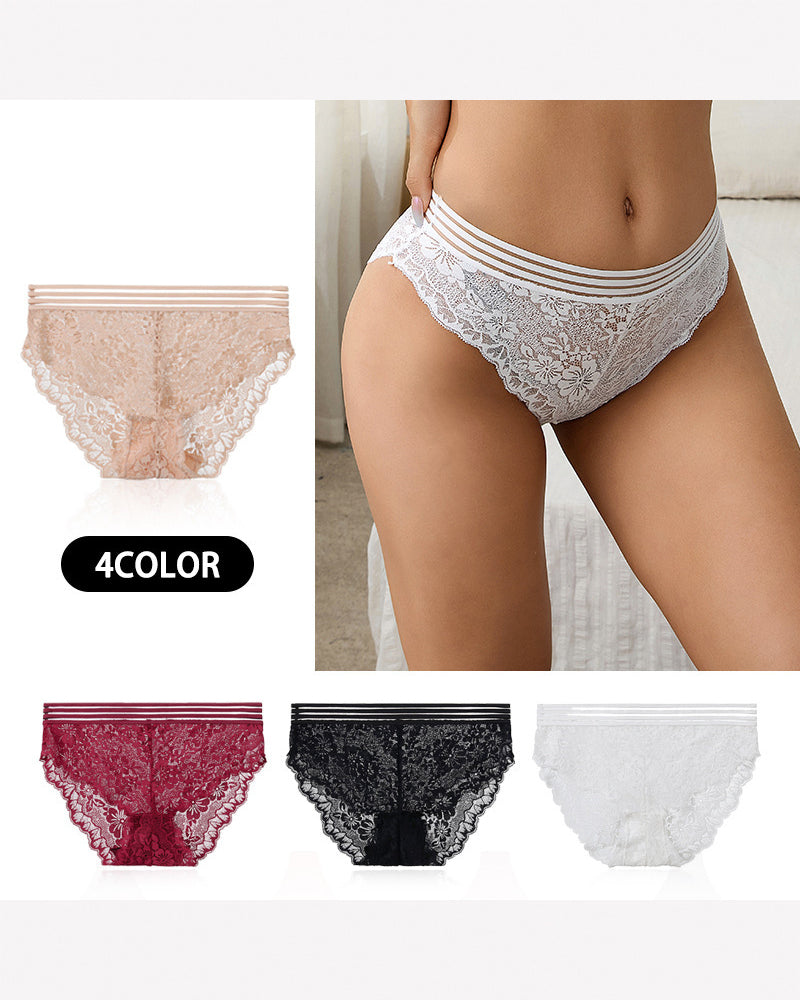 4-color set of high-rise lace panties in apricot, black, red, and white with striped waistbands