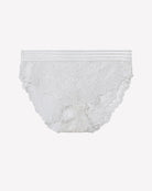 White high-rise lace panties with floral sheer pattern and striped waistband