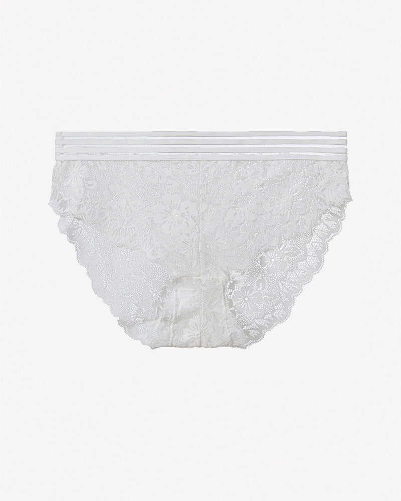 White high-rise lace panties with floral sheer pattern and striped waistband