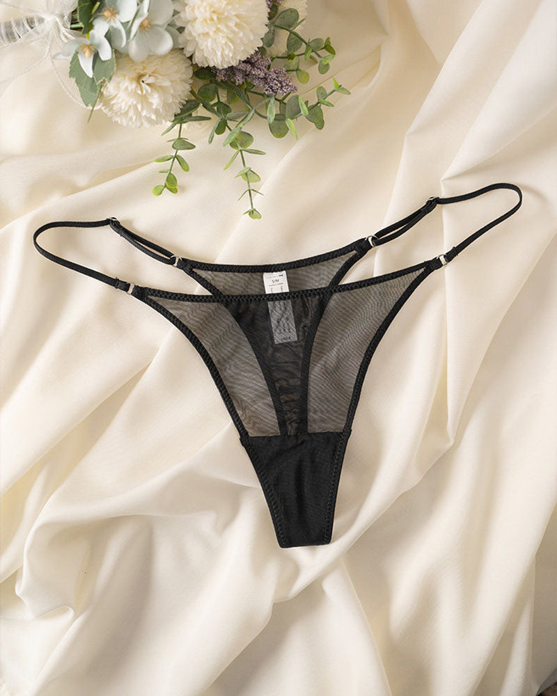 Black sheer mesh thong with double straps, low-rise lace-front coverage.