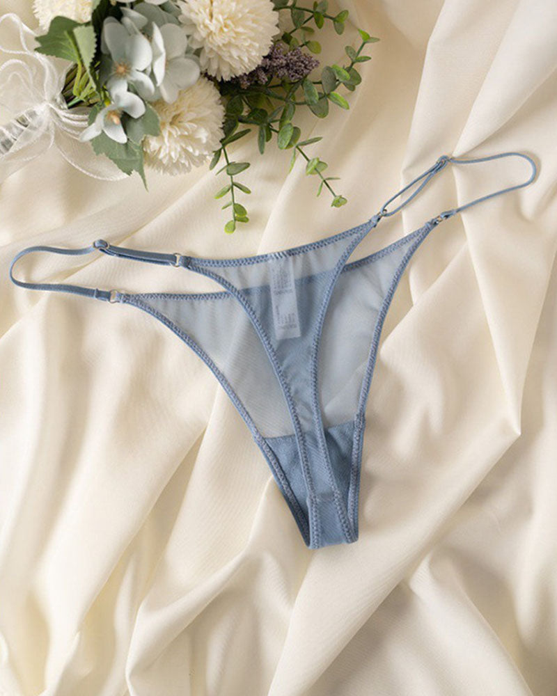 Blue sheer mesh thong with double straps, low-rise lace-front coverage.