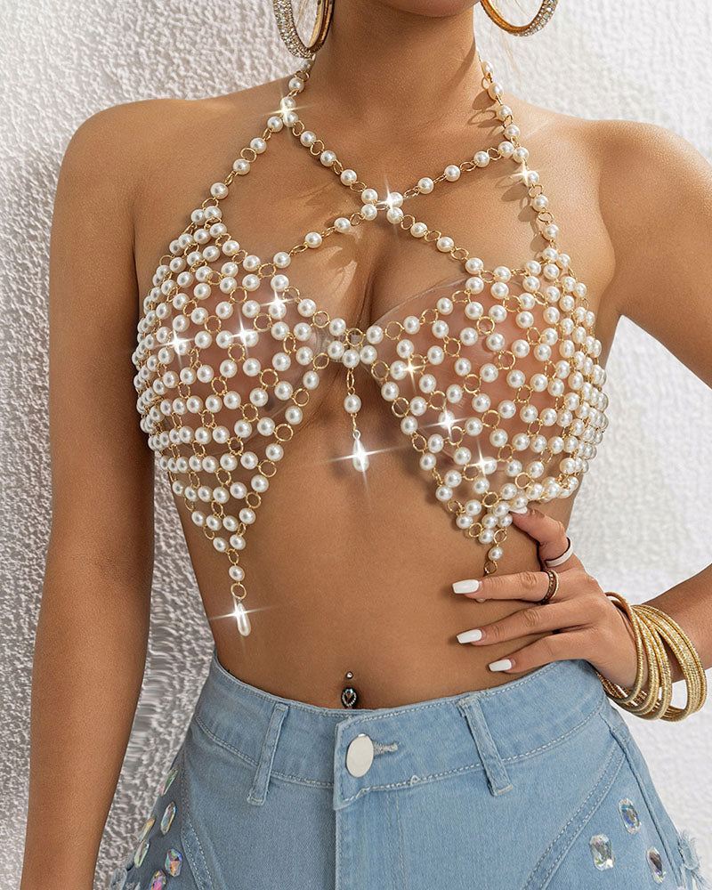Pearl chain halter top with X-shaped beaded straps and small star charm