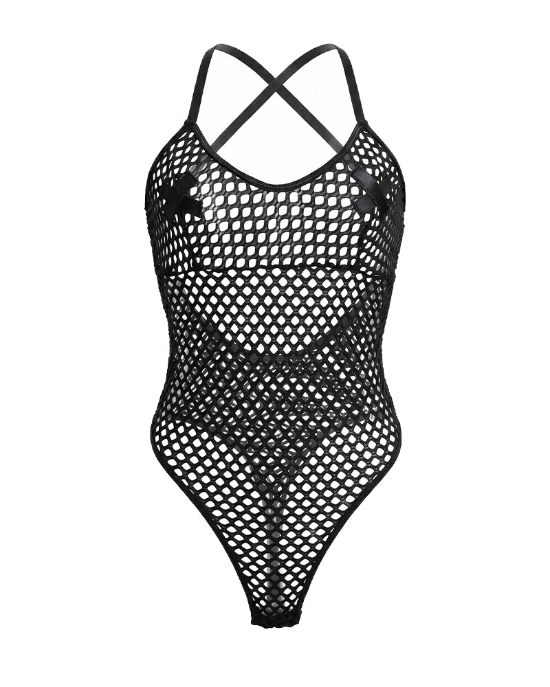 Black fishnet mesh bodysuit teddy with crisscross back straps, front cutouts