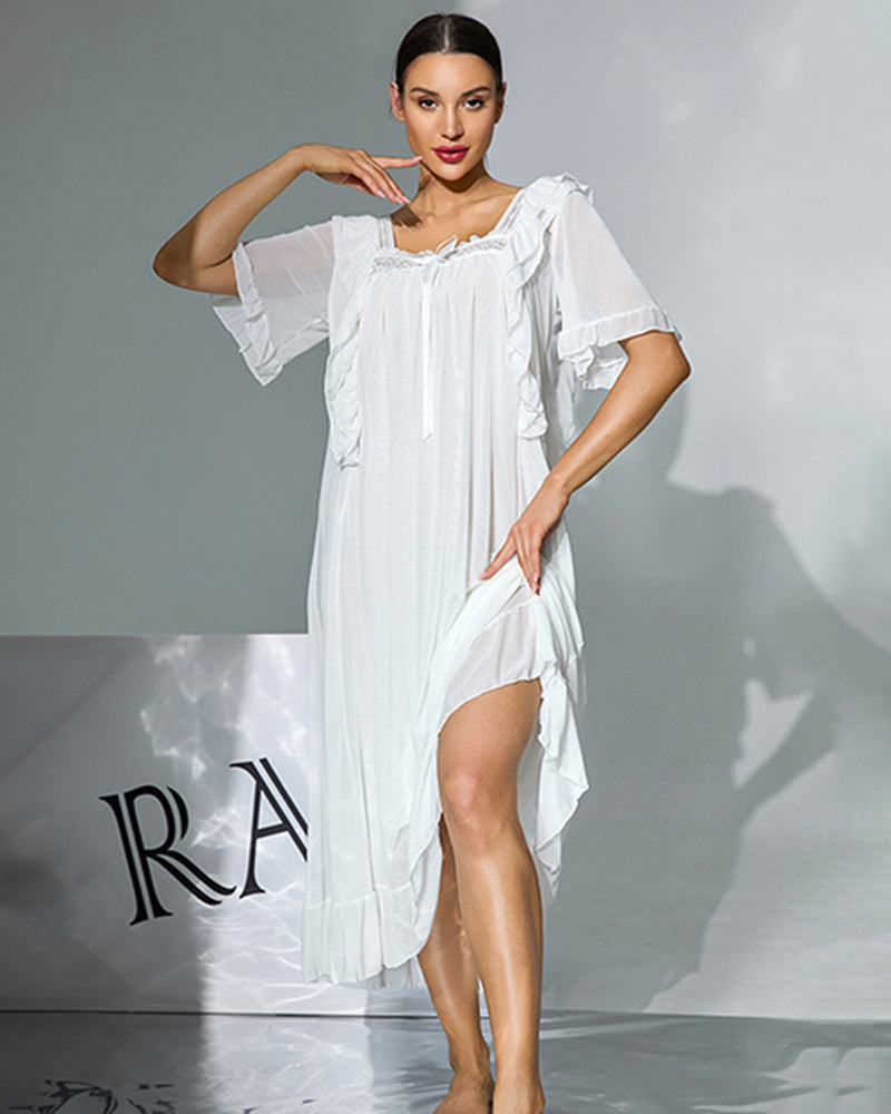 White double-layer mesh nightgown with ruffle lace neckline and short flutter sleeves