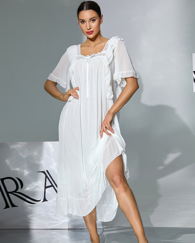 White double-layer mesh nightgown with textured panels, layered skirt, and ruffle sleeve detail