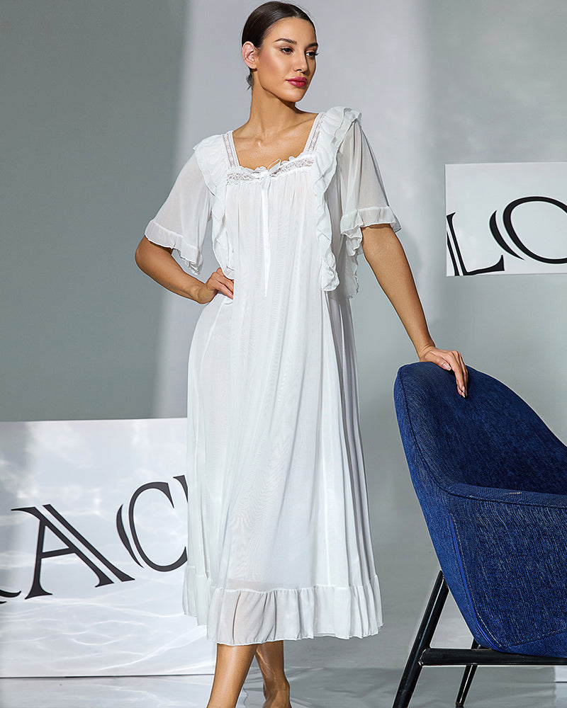 White double-layer mesh nightgown with scalloped ruffle lace neckline and tiered ruffled hem