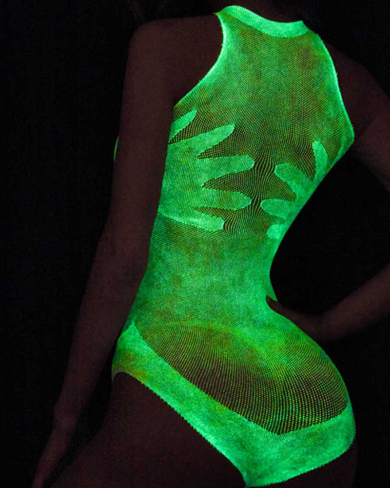 Glow-in-the-dark green mesh bodysuit front view with luminous grid-like texture