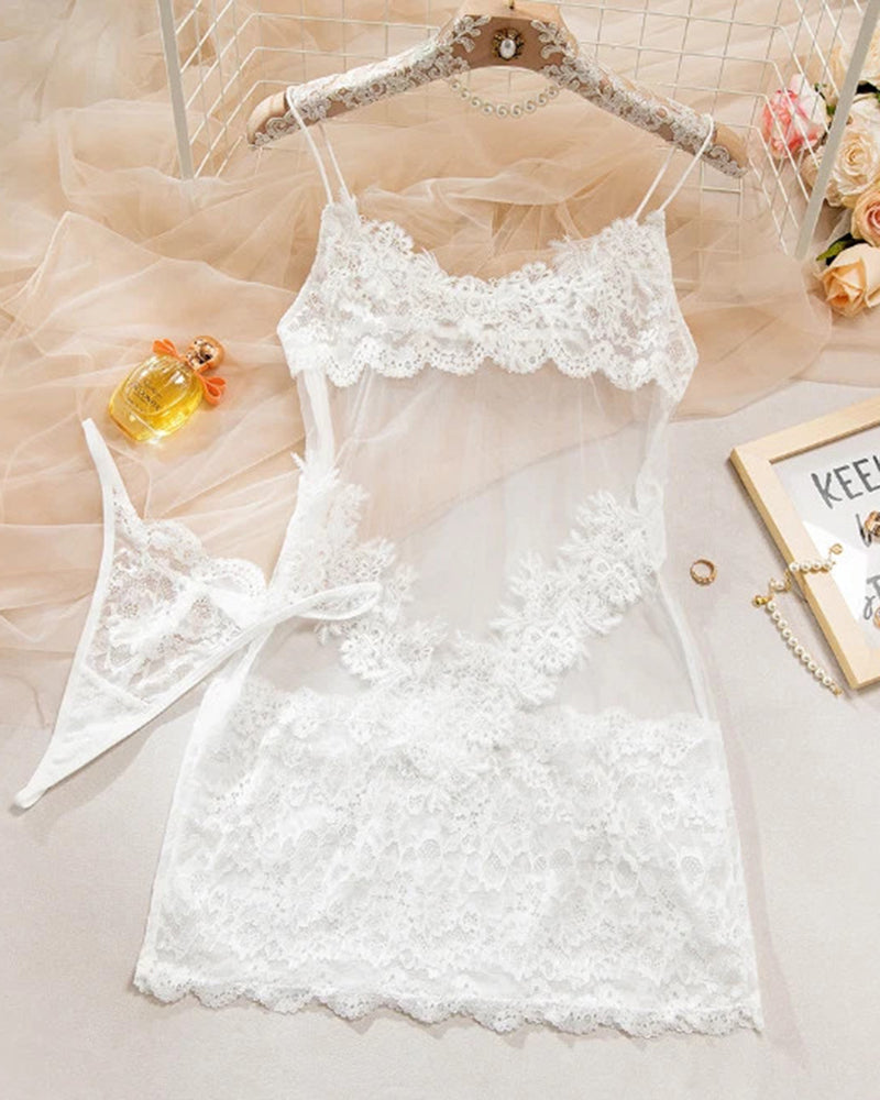White sheer lace nightdress with floral bodice, spaghetti straps, scalloped hem
