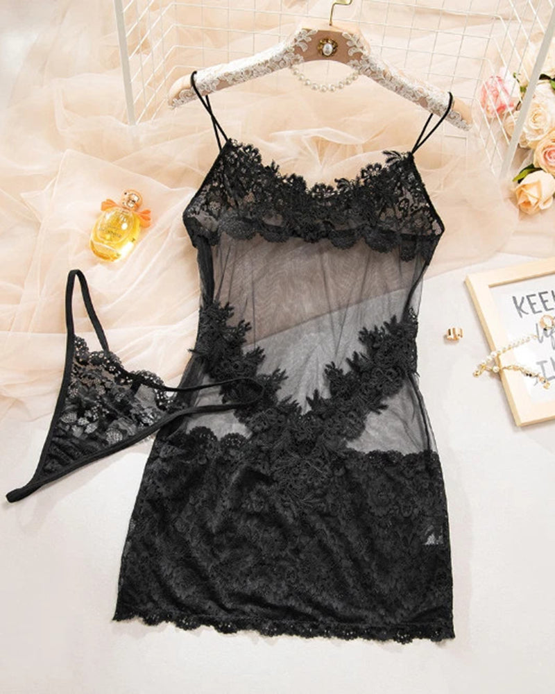 Black sheer lace nightdress with floral embroidery, spaghetti straps, scalloped trim