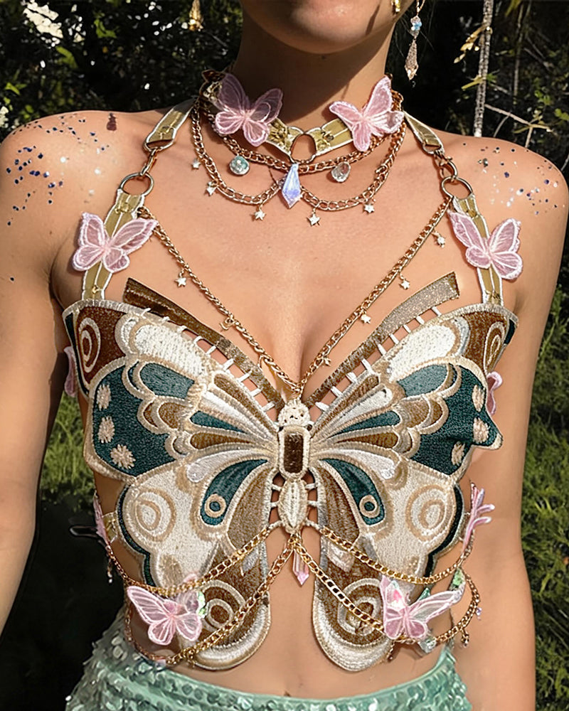 Embroidered butterfly sequin top with layered gold chain straps and pink butterfly charms