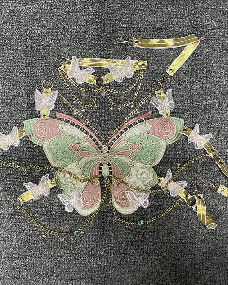 Embroidered butterfly sequin top design with gold chains and pink butterfly appliques