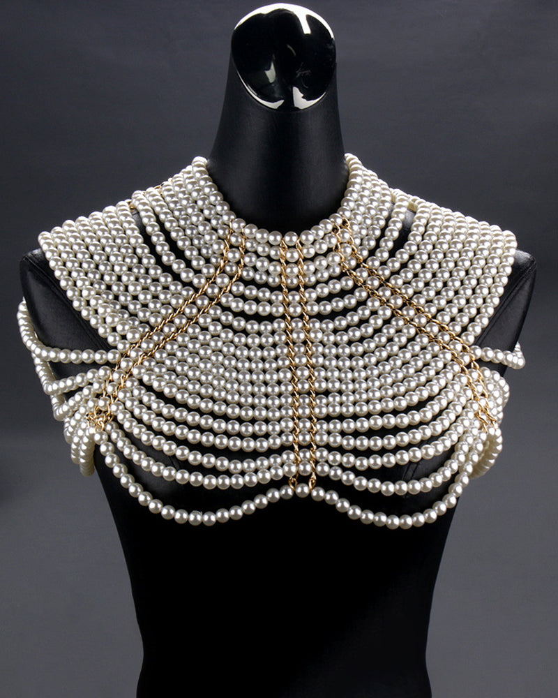 Pearl chain shoulder embellishment with gold clasp and layered pearl strings