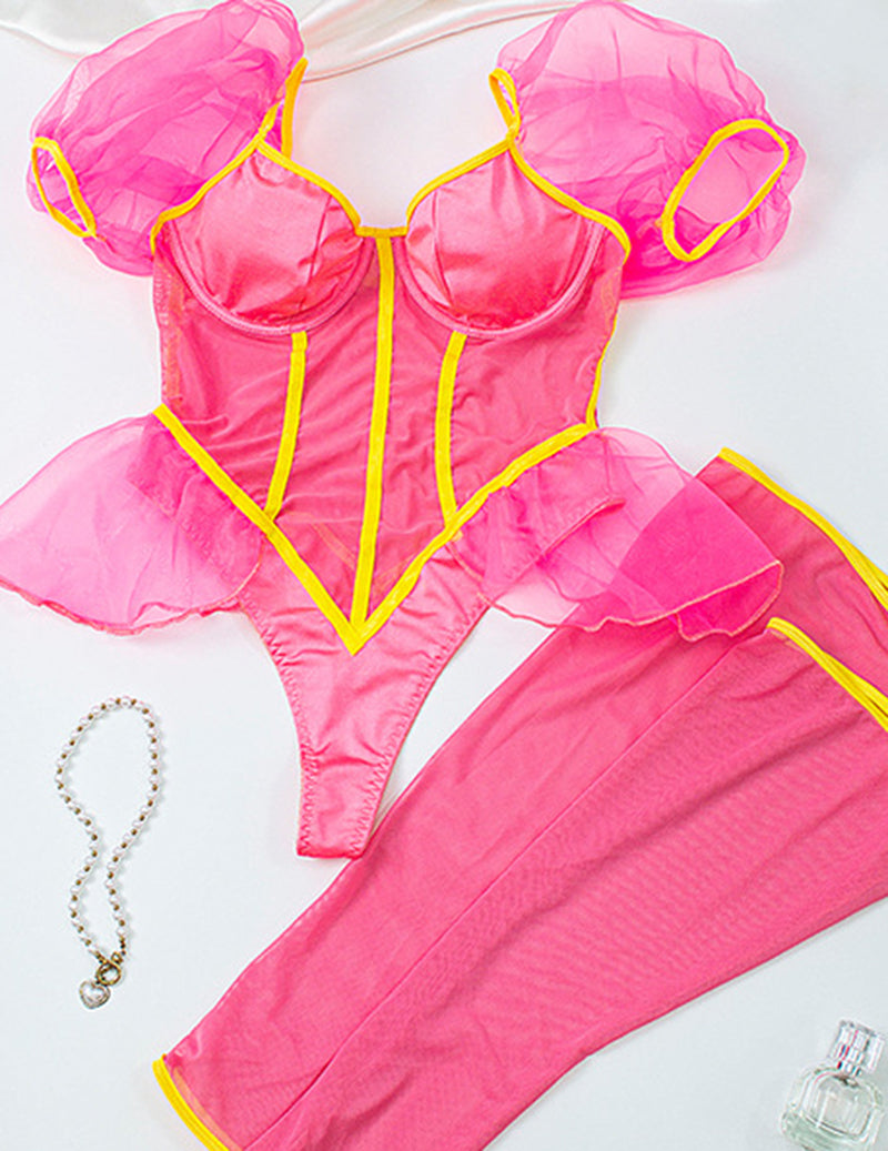 Pink sheer mesh bodysuit with ruffled puff sleeves and thigh-high stockings, flat lay close-up