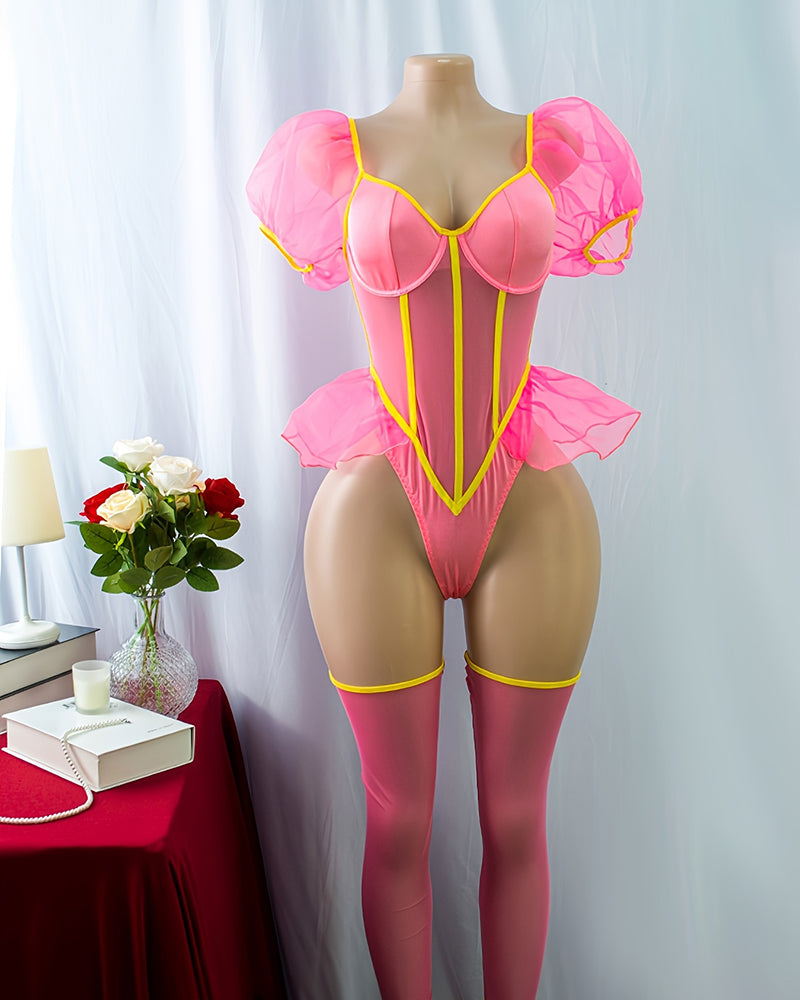 Pink sheer mesh bodysuit with ruffled puff sleeves and thigh-high stockings on mannequin