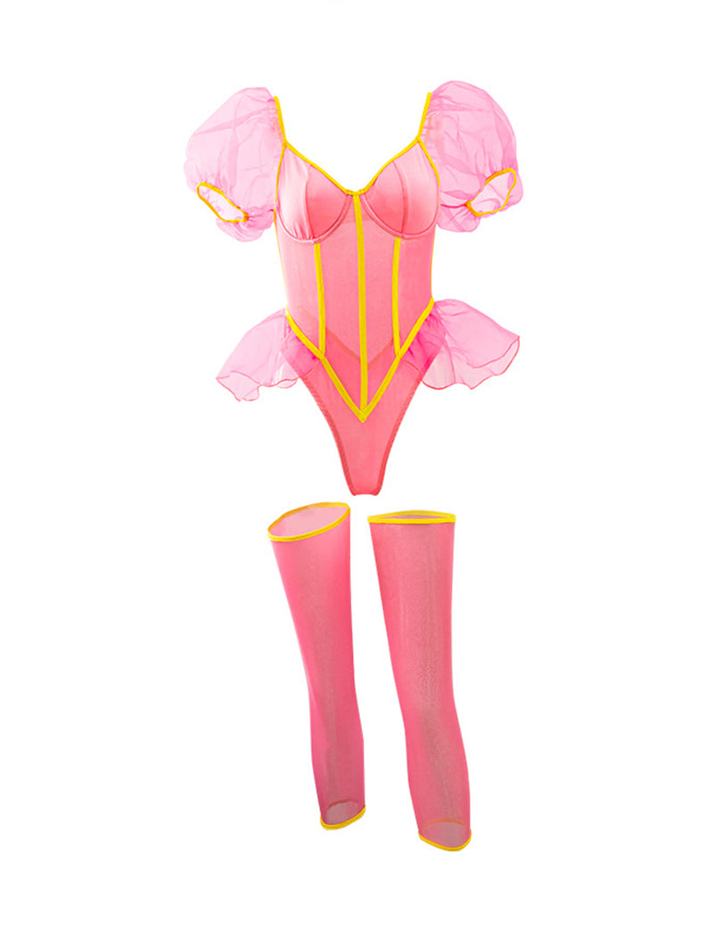 Pink sheer mesh bodysuit with ruffled puff sleeves and matching thigh-high stockings, full set
