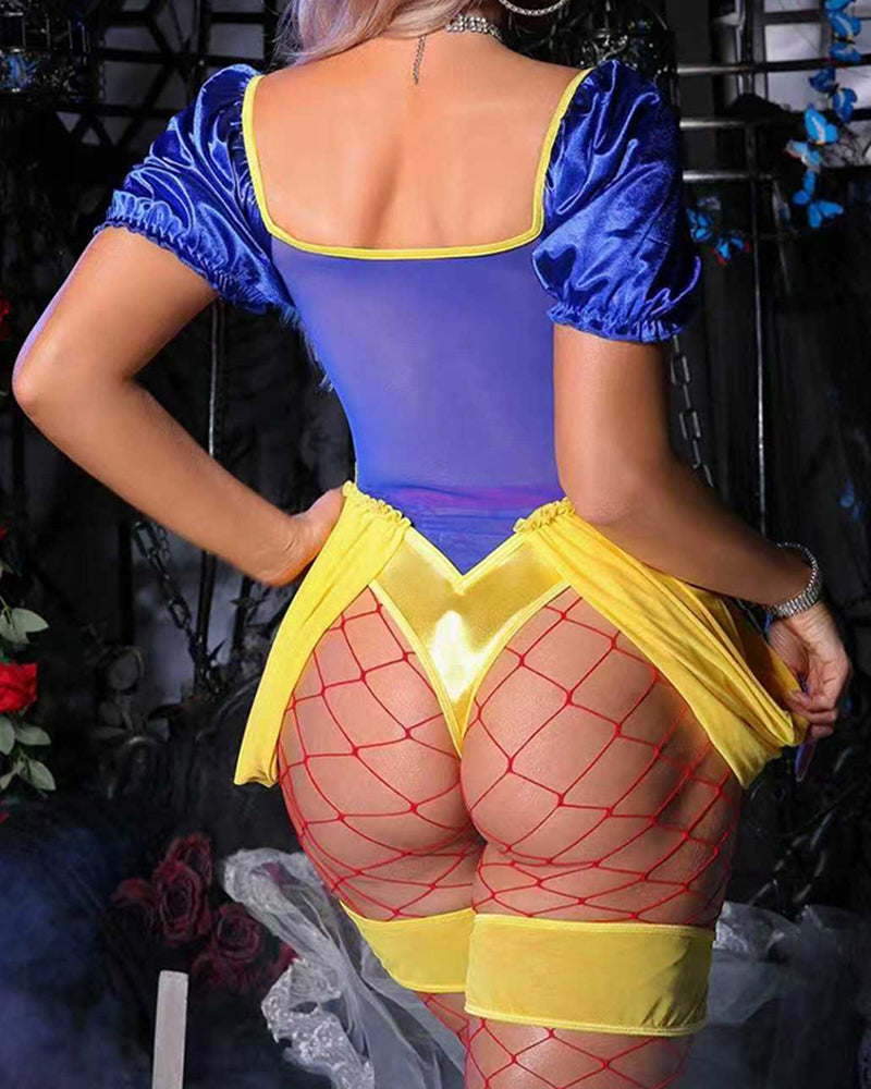 Back view of blue satin bodysuit with short puff sleeves, yellow-trim skirt and fishnet