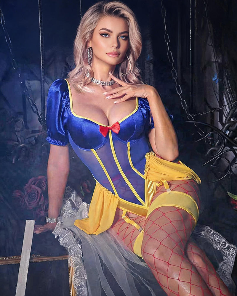 Blue satin bodysuit with yellow edging, red center bow, paired fishnet stockings