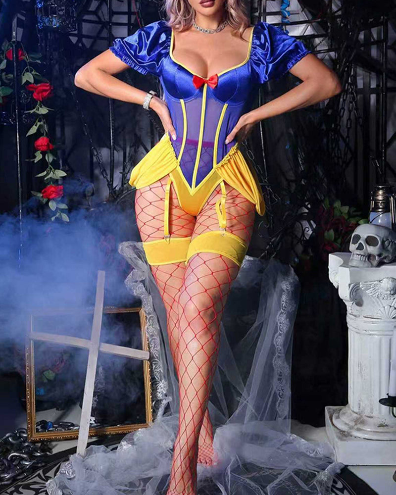 Front view blue satin bodysuit with puff sleeves, yellow trim, red bow, fishnet stockings