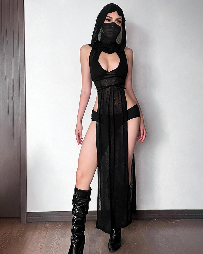 Black sheer hooded maxi dress with chest cutout, cross-back band and high slit