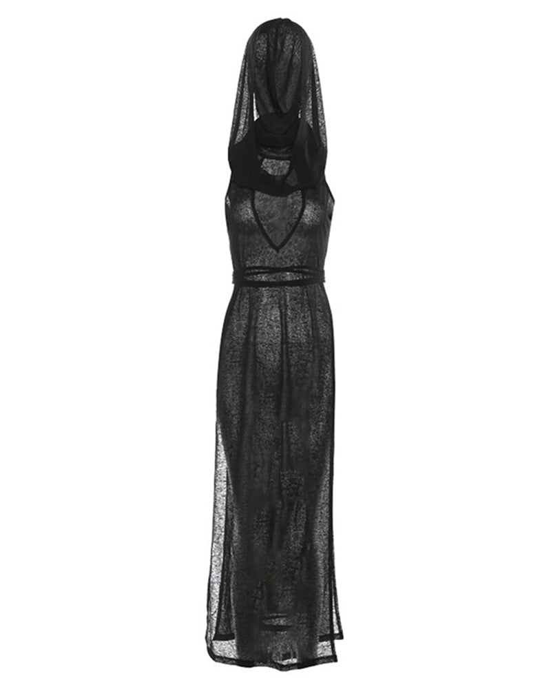 Black sheer hooded maxi dress with chest cutout and long flowing skirt