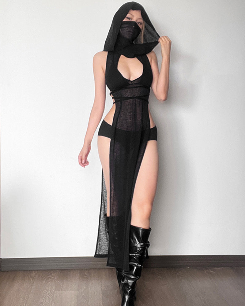 Black sheer hooded maxi dress with chest cutout and thigh-high side slit