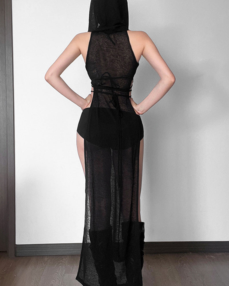 Black sheer hooded maxi dress with open back panel and waist tie, high slit