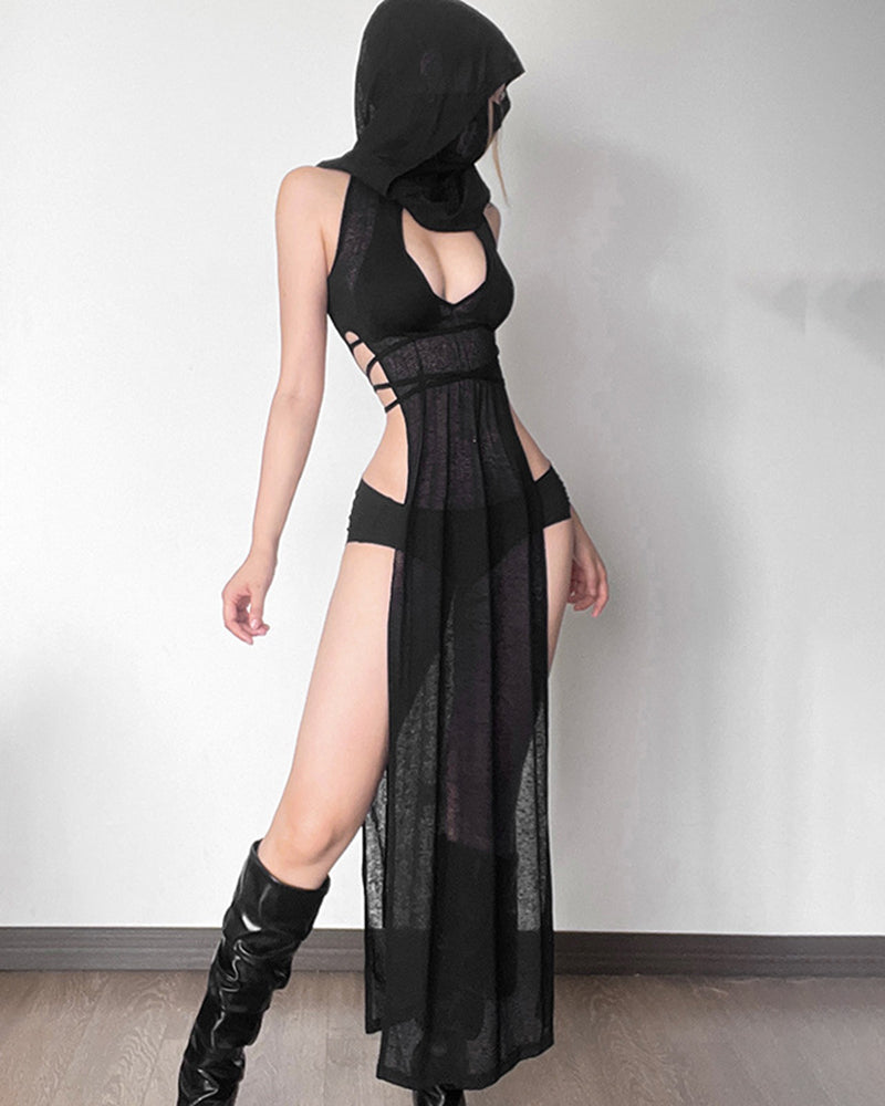 Black sheer hooded maxi dress in profile with chest cutout and thigh slit