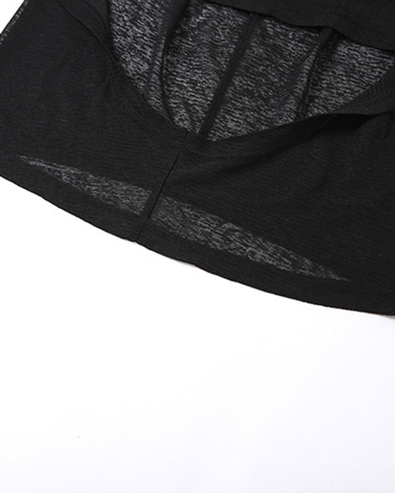 Black sheer maxi dress hem panel seam detail