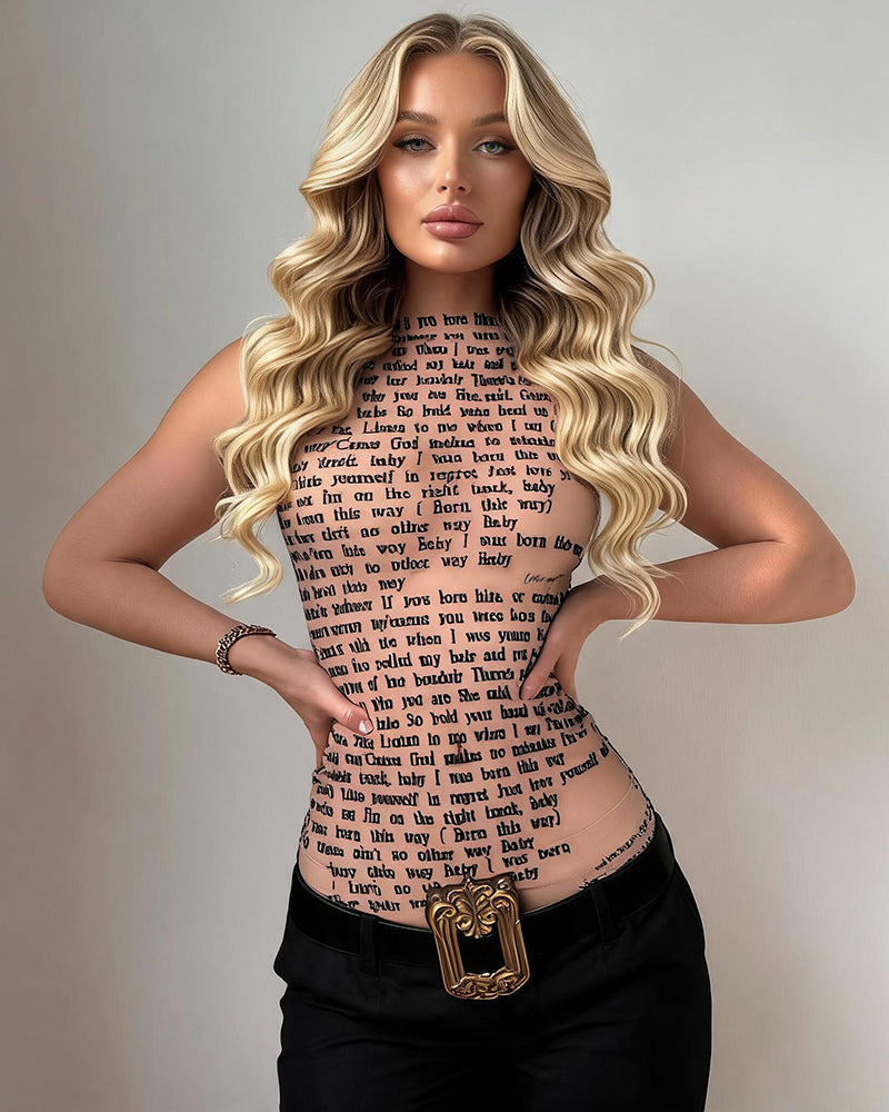 Sheer halter mesh top with allover lyric text print, pink-beige