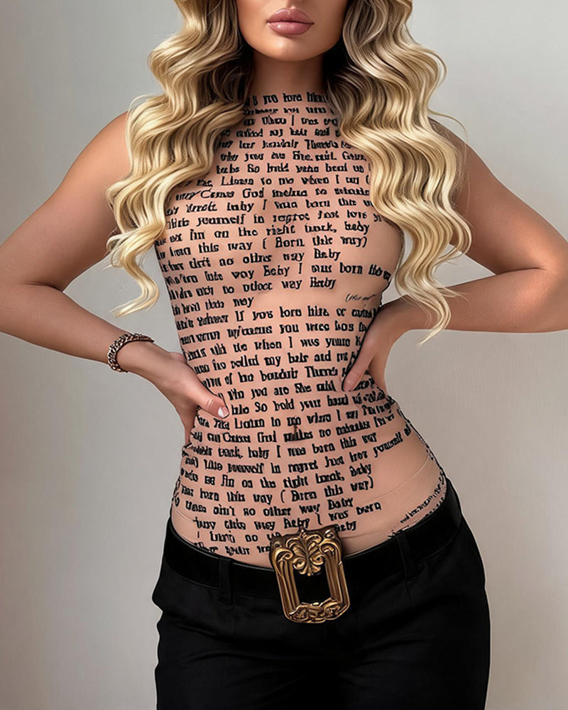 Sheer halter mesh top with lyric text print, pink-beige