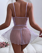 Light purple lace dot mesh babydoll with back straps and flared skirt