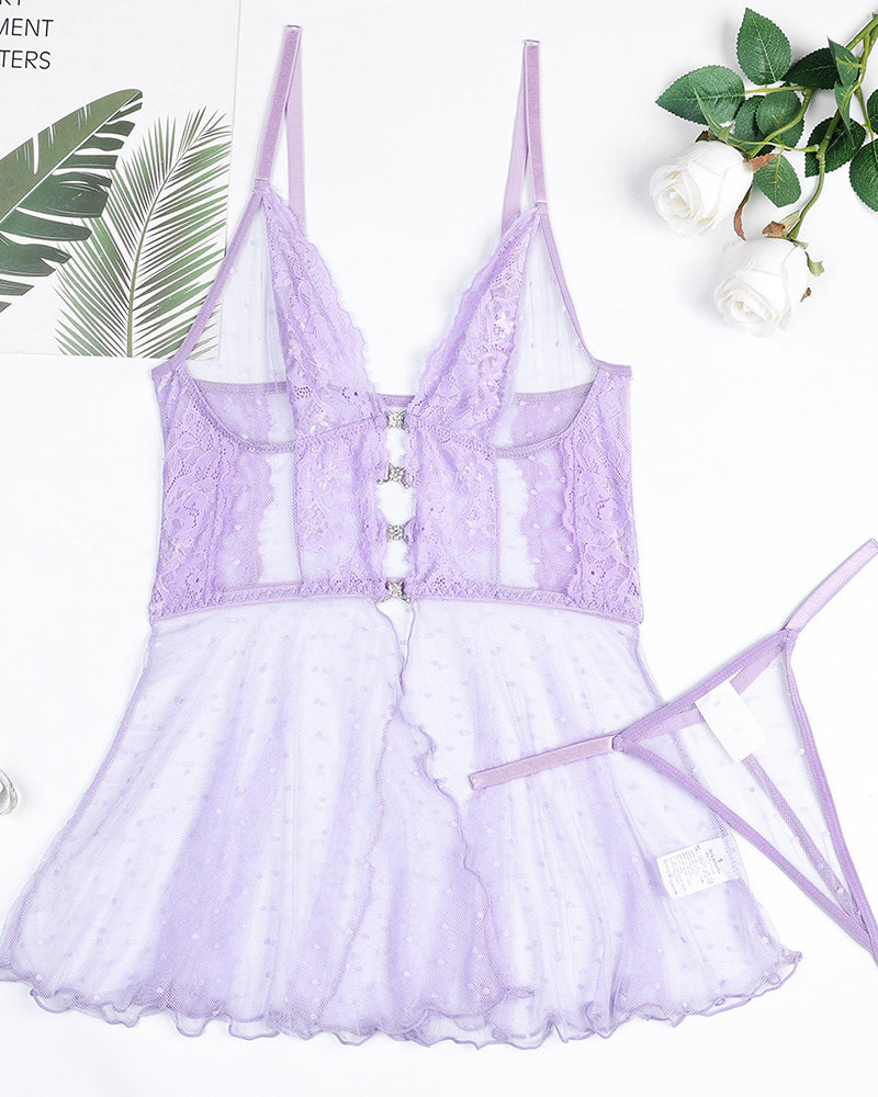 Light purple lace dot mesh babydoll set laid flat with thong included