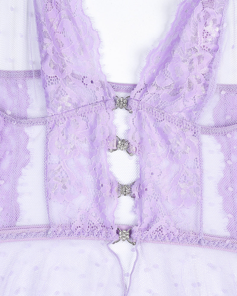 Light purple lace dot mesh babydoll open front with decorative clasp buttons