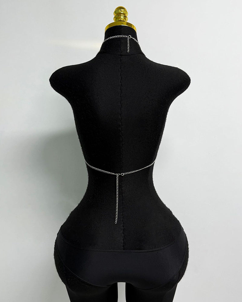 Multicolor beaded body chain back view with single central chain and layered straps