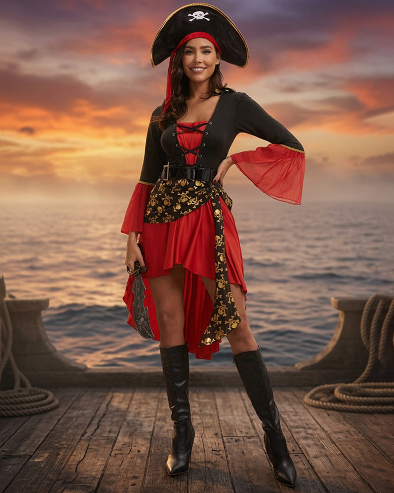 Women's Pirate Costume Set Lace-Up Dress with Hat and Belt