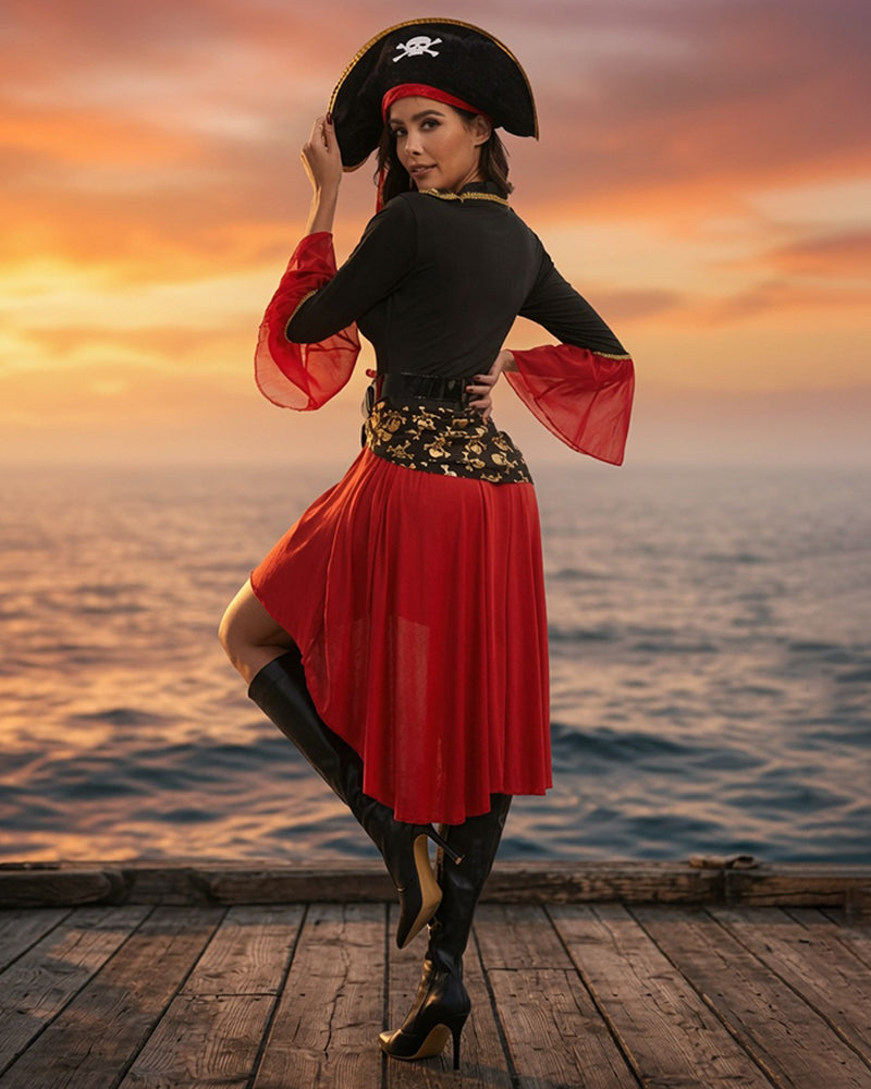 Women's Pirate Costume Set Lace-Up Dress with Hat and Belt