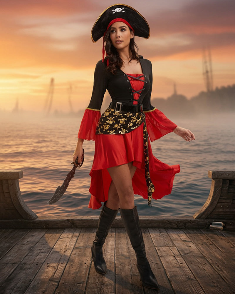 Women's Pirate Costume Set Lace-Up Dress with Hat and Belt