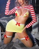 Cosplay bra-and-skirt set with yellow mini dress, striped sleeves, and fishnet stockings.