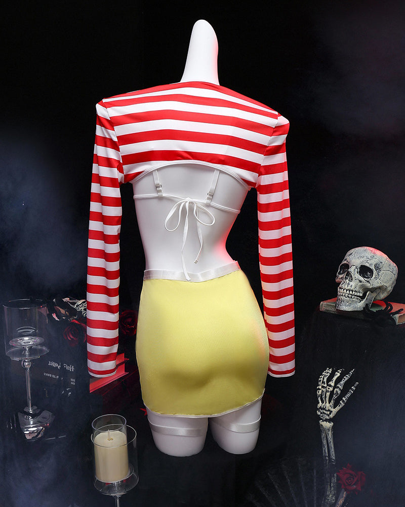 Mannequin back view: striped long-sleeve top with tied back and yellow mini skirt.