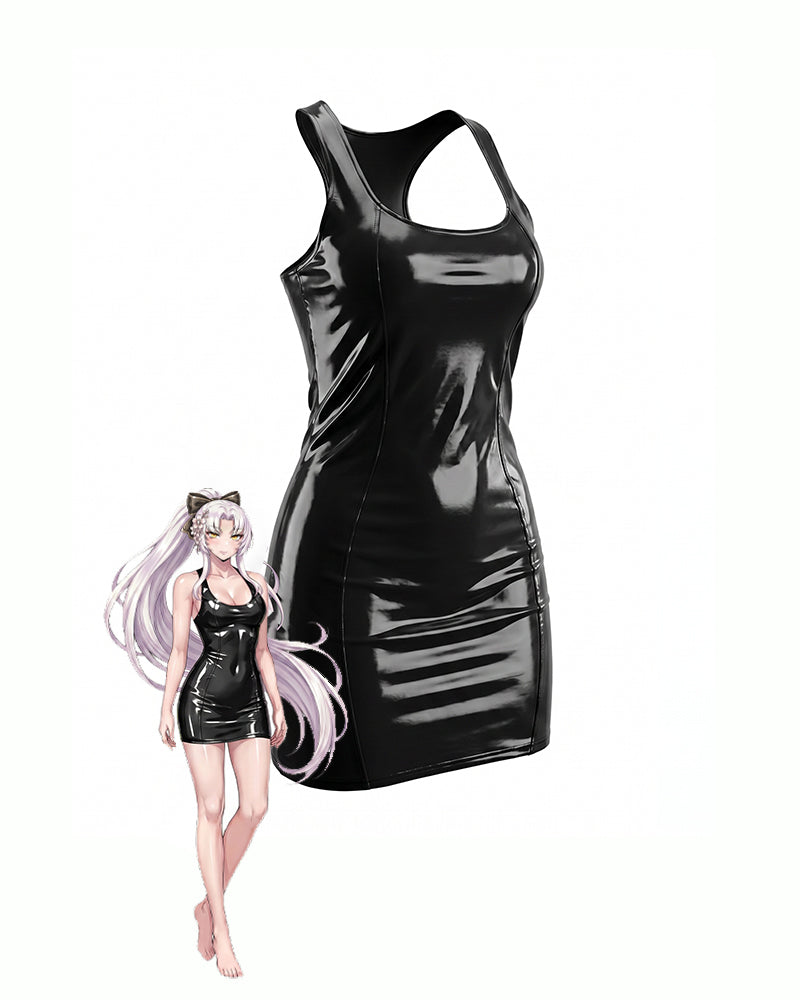 Black patent racerback mini dress, sleeveless scoop neck, glossy PVC look