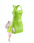 Green patent racerback mini dress, sleeveless scoop neck, glossy PVC look